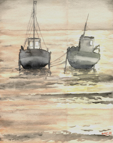 bateaux soleil couchant, aquarelle